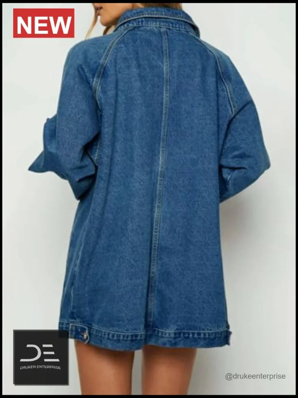Oversized Denim Jacket with Zip Up Long Sleeve Slant Pockets
